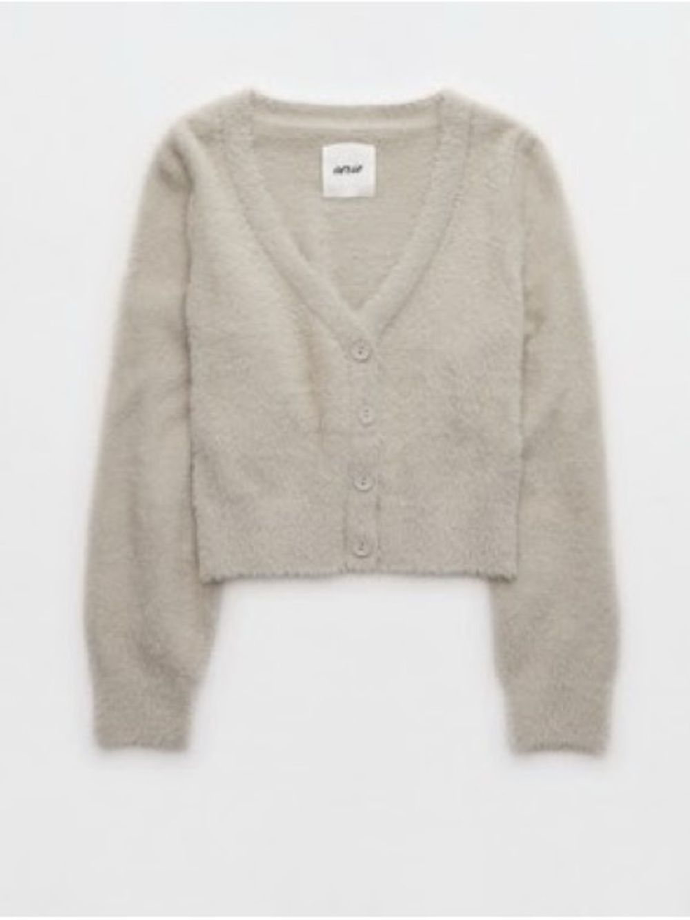 American Eagle Aerie Fuzzy Cropped Cardigan in Stone Harbor